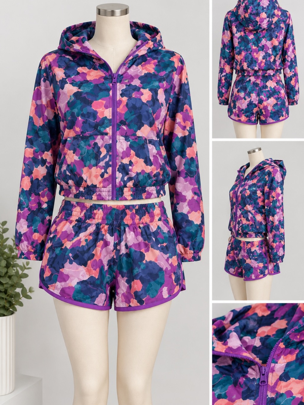 Reebok Purple Teal Pink Camo Athletic Hoodie & Shorts Set